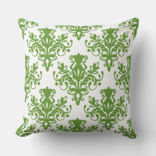 Damask 02 Pattern - Avocado Green on White Throw Pillow