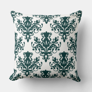 Damask 02 Pattern - Dark Moss Green on White Throw Pillow