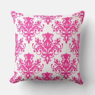 Damask 02 Pattern - Hot Pink on White Throw Pillow