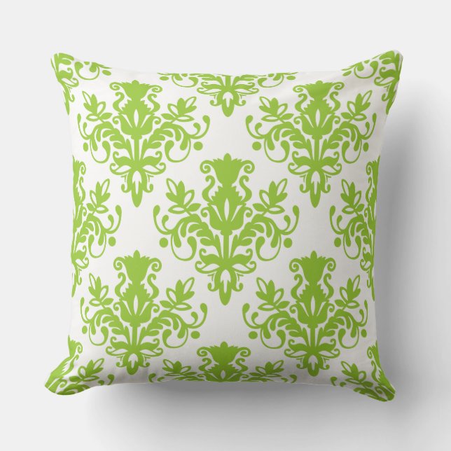 Damask 02 Pattern - Martian Green on White Throw Pillow (Front)