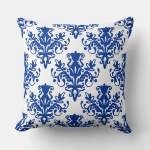 Damask 02 Pattern - Navy Blue on White Throw Pillow