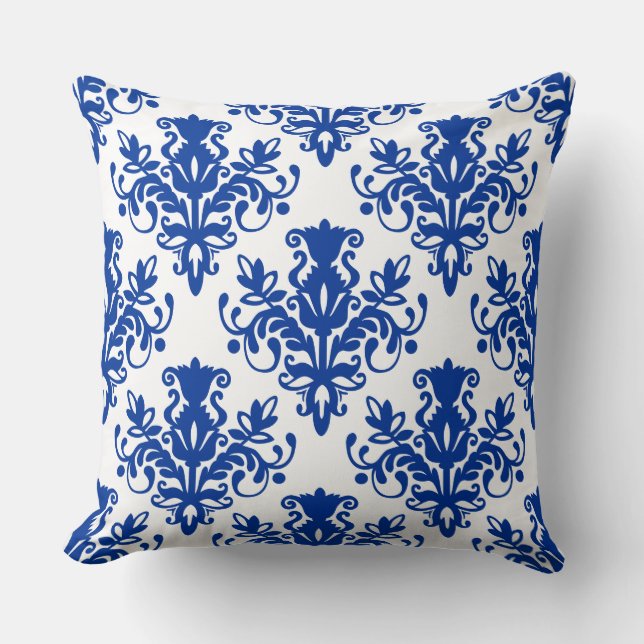Damask 02 Pattern - Navy Blue on White Throw Pillow (Front)