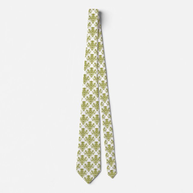 Damask 02 Pattern - Olive on White Tie (Front)