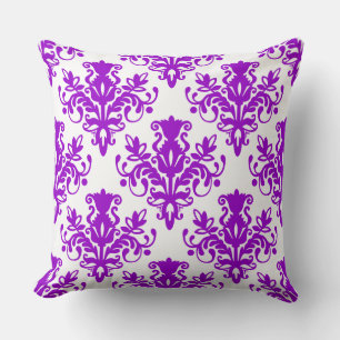 Damask 02 Pattern - Purple on White Throw Pillow