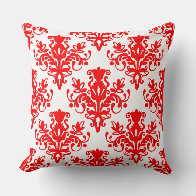 Damask 02 Pattern - Red on White Throw Pillow (Front)
