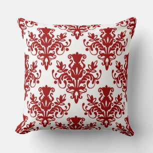 Damask 02 Pattern - Ruby Red on White Throw Pillow