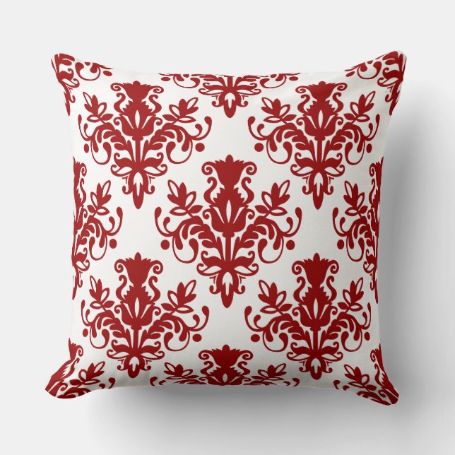 Damask 02 Pattern - Ruby Red on White Throw Pillow (Front)