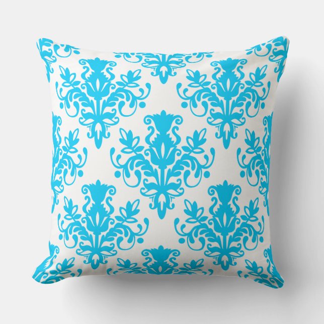 Damask 02 Pattern - Sky Blue on White Throw Pillow (Front)