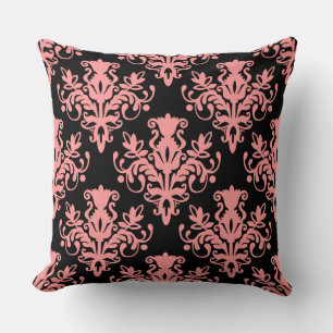 Damask 02 Pattern - Soft Pink on Black Throw Pillow