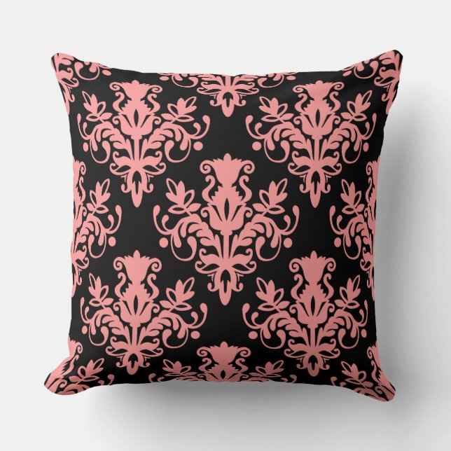 Damask 02 Pattern - Soft Pink on Black Throw Pillow (Front)