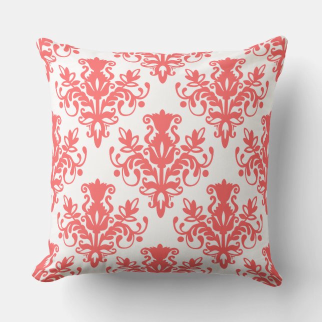 Damask 02 Pattern - Tropical Pink on White Throw Pillow (Front)