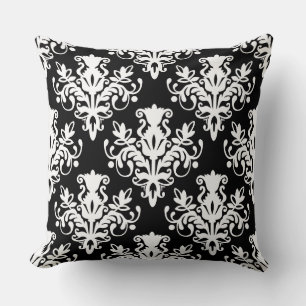 Damask 02 Pattern - White on Black Throw Pillow