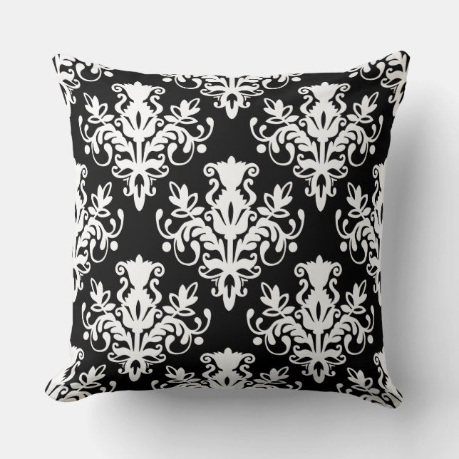 Damask 02 Pattern - White on Black Throw Pillow (Front)