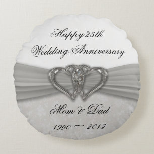 Damask 25th Wedding Anniversary Round Throw Pillow