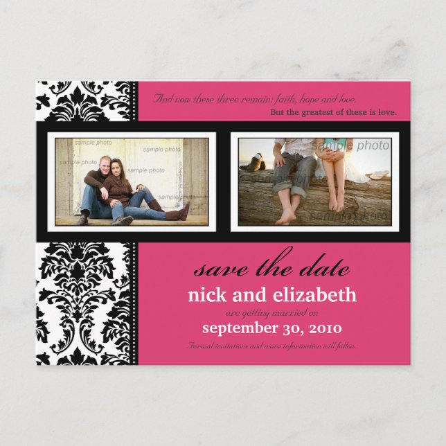 Damask 2-Photo Fuschia-Black-White Save the Date Announcement Postcard (Front)