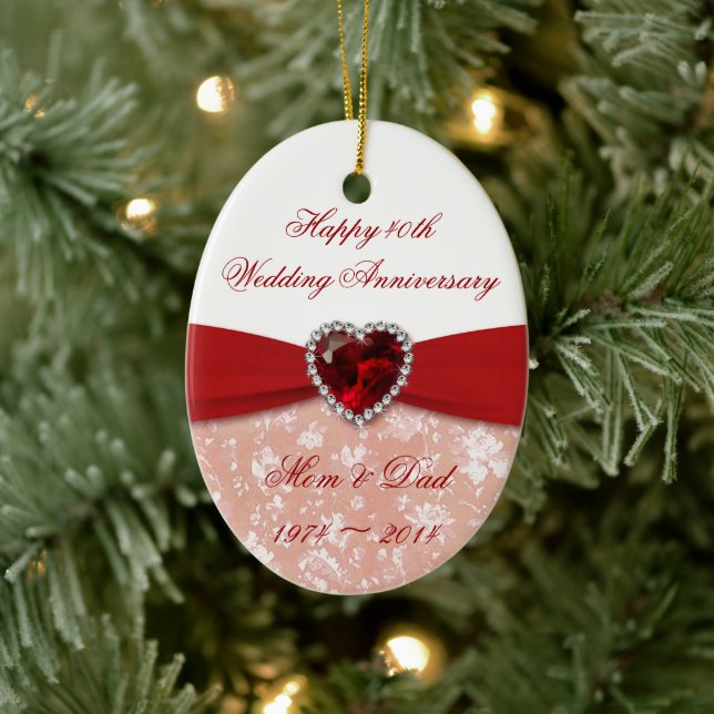 Damask 40th Wedding Anniversary Design Ceramic Ornament (Tree)