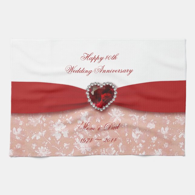 Damask 40th Wedding Anniversary Design Kitchen Towel (Horizontal)