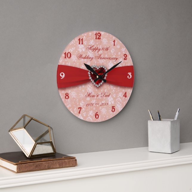 Damask 40th Wedding Anniversary Design Large Clock (Office)