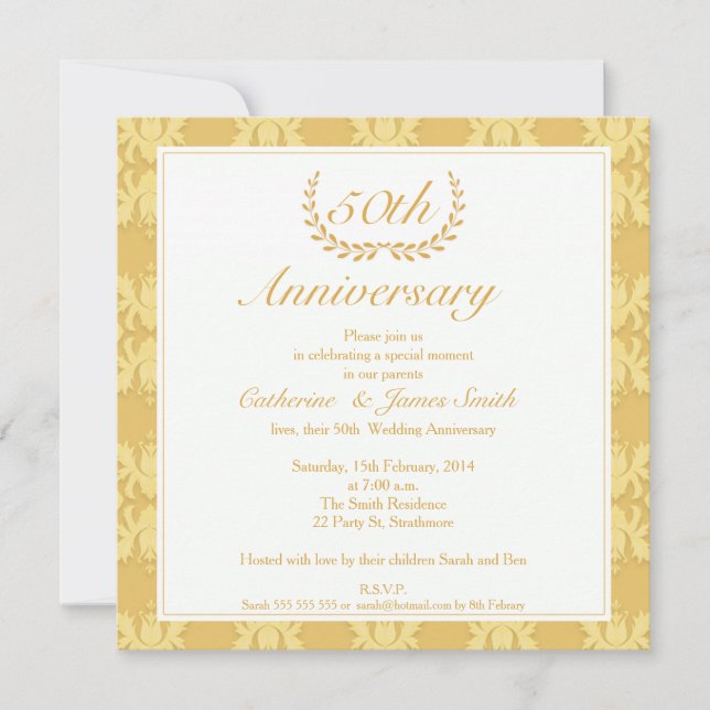 Damask 50th Golden Wedding Anniversary Invitation (Front)