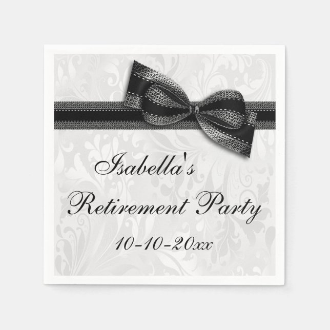 Damask and Black Faux Bow Retirement Napkin (Front)