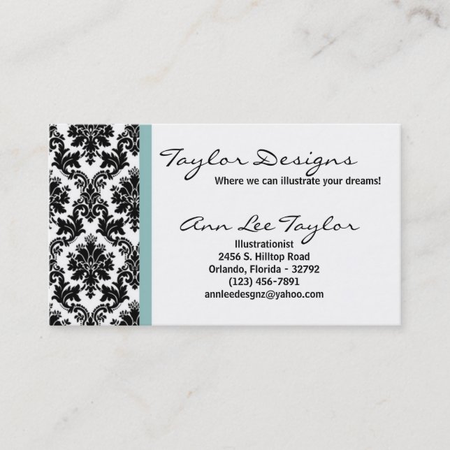 Damask and Blue Elegant Business Card (Front)