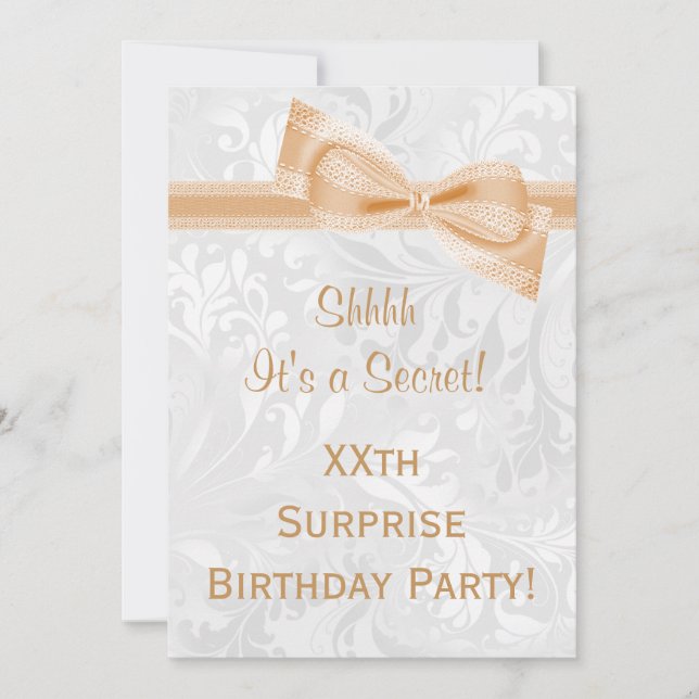 Damask and Bow Surprise Birthday Party Invitation (Front)