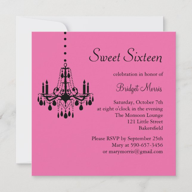 Damask and Crystals Birthday Invitation (fuchsia) (Front)