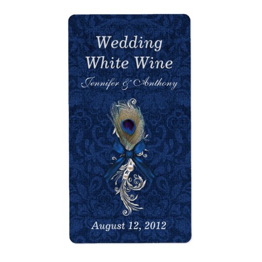 Damask and Peacock Feather Wedding Mini Wine Shipping Label