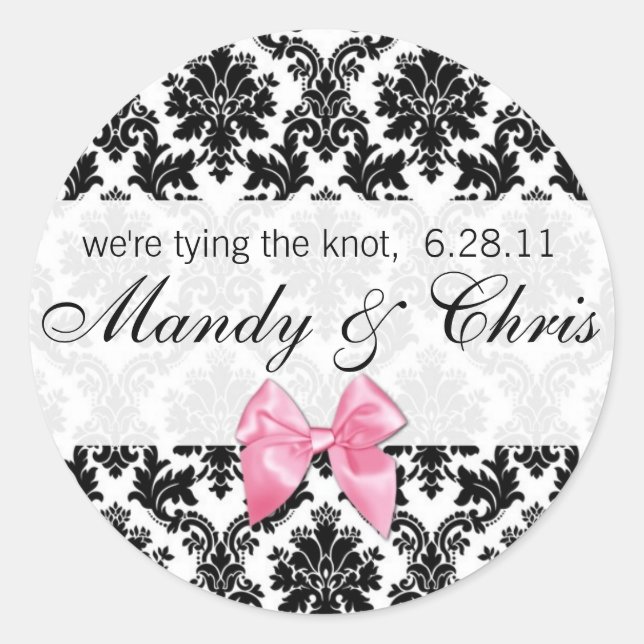 Damask and Pink Bow Classic Round Sticker (Front)