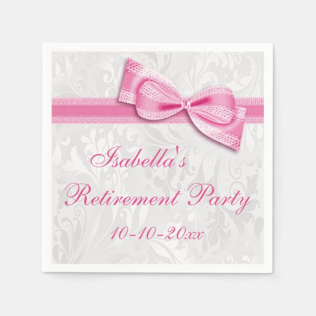 Damask and Pretty Pink Faux Bow Retirement Napkin (Front)