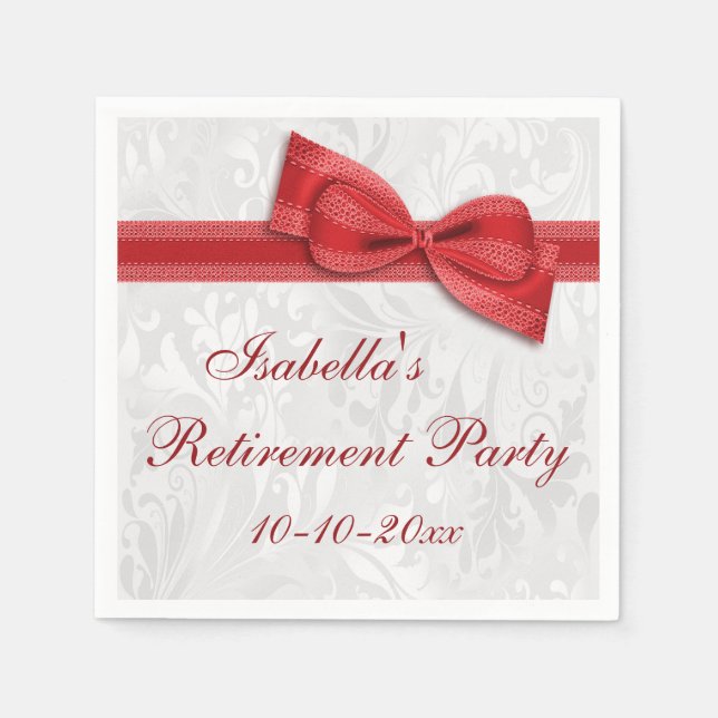 Damask and Romantic Red Faux Bow Retirement Napkin (Front)