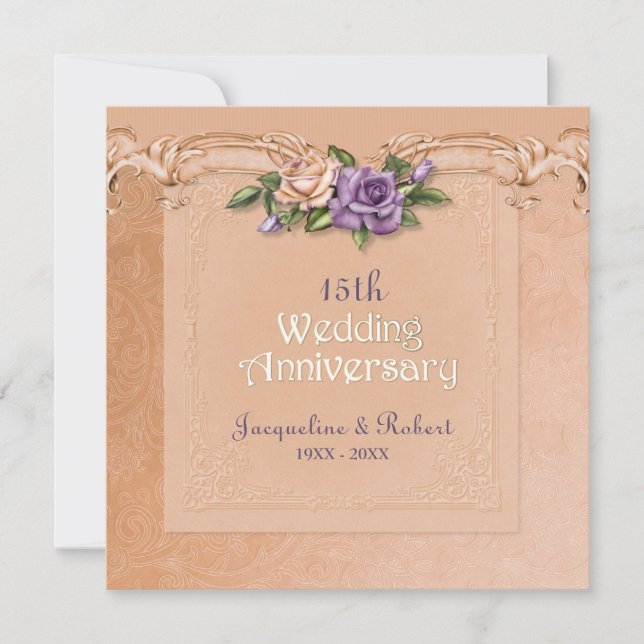 Damask and Roses Peach 15th Wedding Anniversary Invitation (Front)