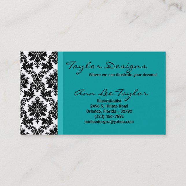 Damask and Teal Elegant Trendy Chic Business Card (Front)