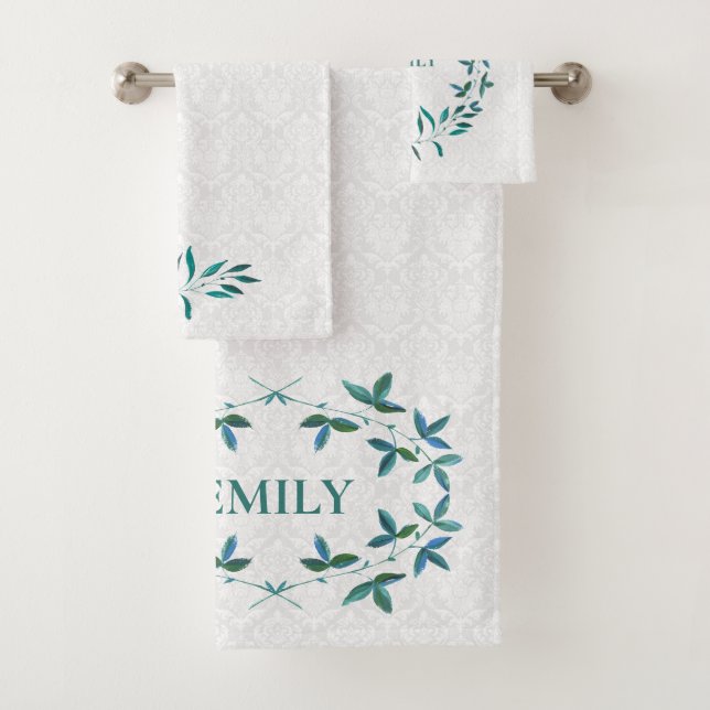 Damask And Watercolor Leaves Bath Towel Set (Insitu)