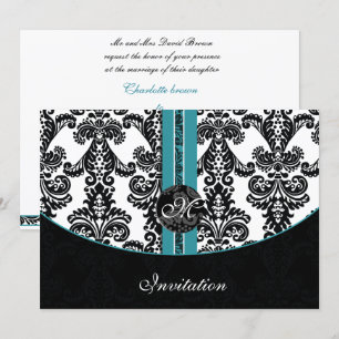 damask aqua mariage invitation monogramme