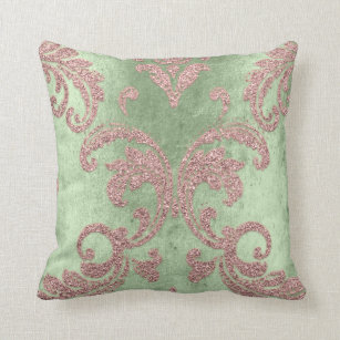 Damask Aqua Pink Blush  Mint Green Cottage Velvet Throw Pillow