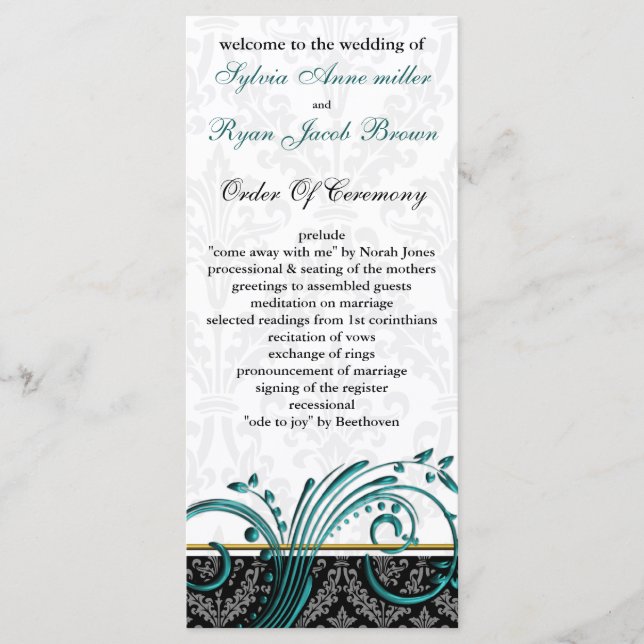 damask aqua Wedding program (Front)