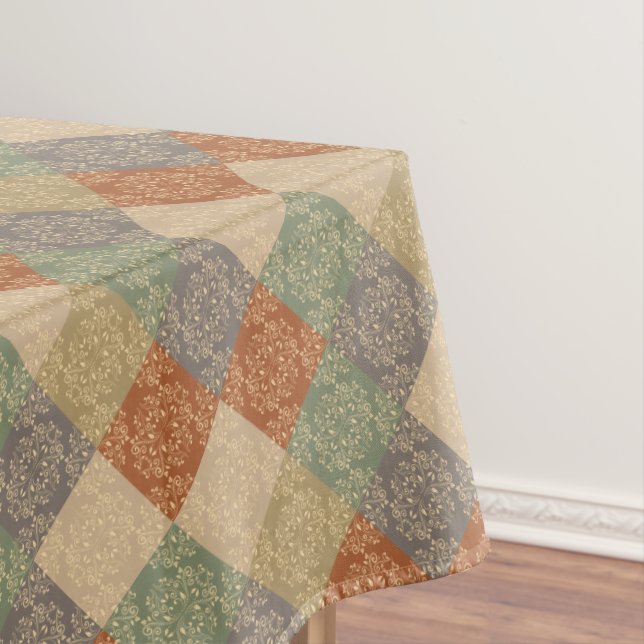Damask Autumn Blocks Green Orange Khaki Tablecloth (In Situ)