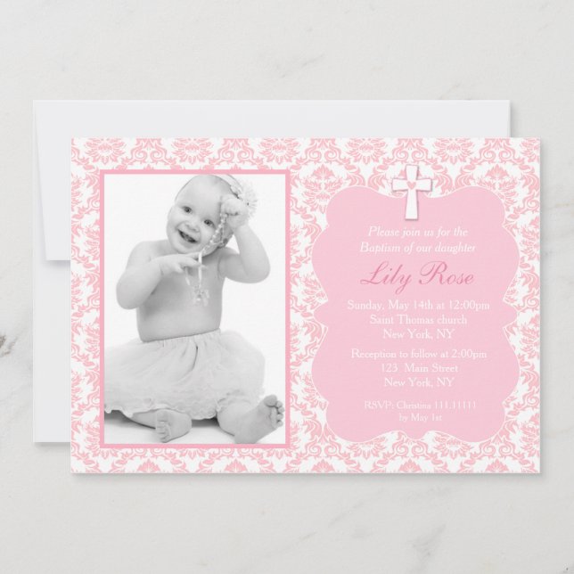 Damask Baptism Christening Invitations Girl (Devant)