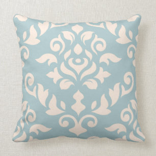 Damask Baroque Design Cream on Blue Throw Pillow