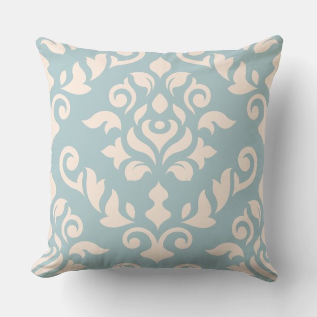 Damask Baroque Design Cream on Blue Throw Pillow (Front)