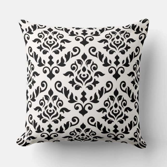 Damask Baroque Pattern Black on White Throw Pillow (Front)