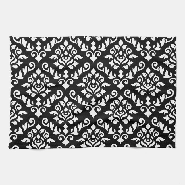 Damask Baroque Pattern White on Black Kitchen Towel (Horizontal)