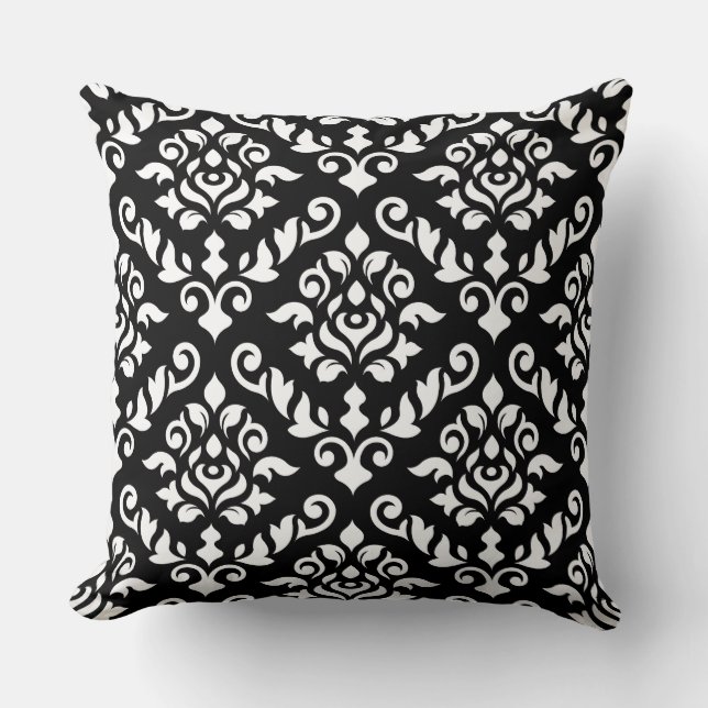 Damask Baroque Pattern White on Black Throw Pillow (Front)