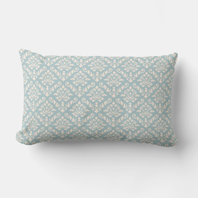 Damask Baroque Repeat Pattern Cream on Blue Lumbar Pillow (Front)