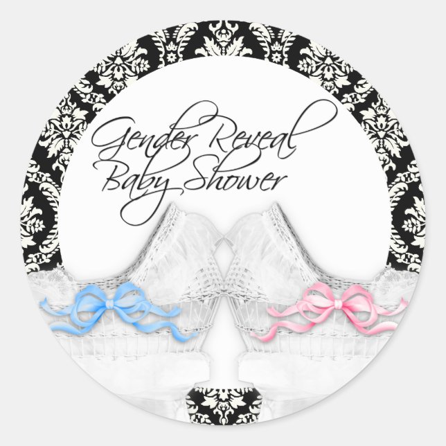 Damask Bassinet Pink Blue Gender Reveal Stickers (Front)
