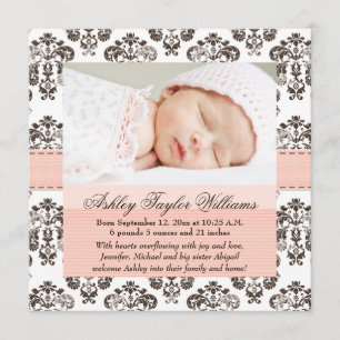 Damask Birth Announcement Pink and Brown