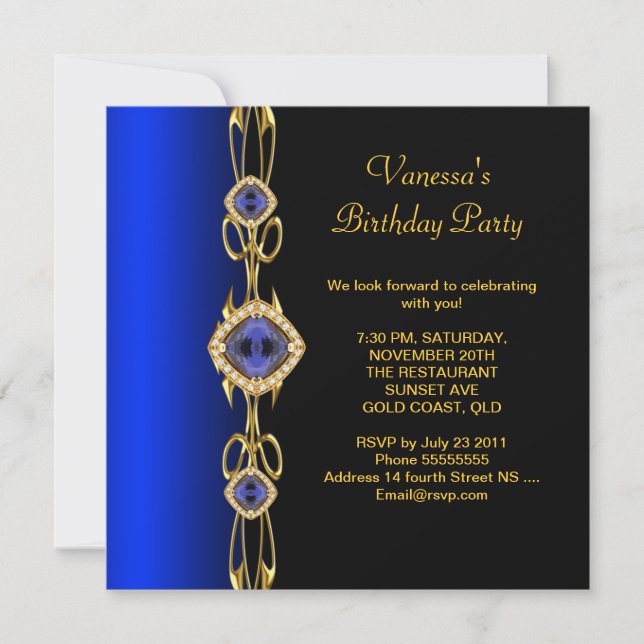 Damask Birthday Party Colbalt Blue Gold Black Invitation (Front)