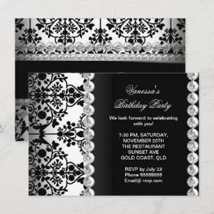 Damask Birthday Party Silver Black White Floral Invitation