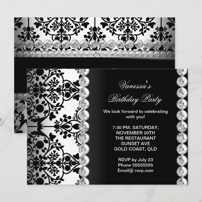 Damask Birthday Party Silver Black White Floral Invitation (Front/Back)